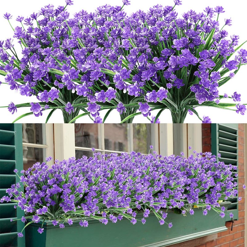 HAPLIA 8 Bundles Artificial Flowers, Fake Artificial Greenery UV Resistant No Fade Faux Plastic Plants for Wedding Bridle Bouquet Indoor Outdoor Home Garden Kitchen Office Table Vase (Purple)
